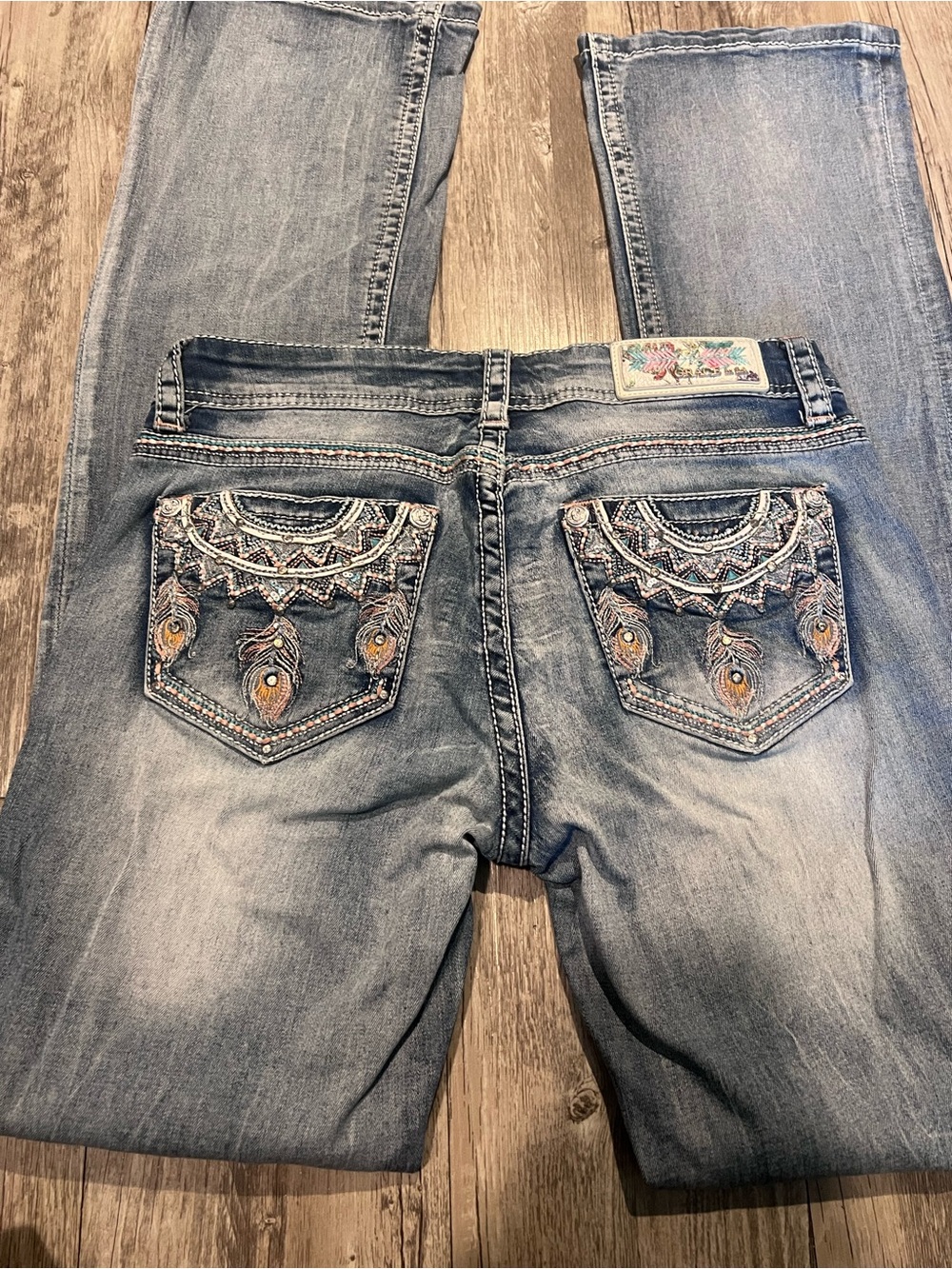 Grace in LA blue bootcut jeans with floral embroidery, Size: 28"